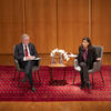 President John Fry on stage with Lincoln Financial CEO and Temple alumna Ellen Cooper